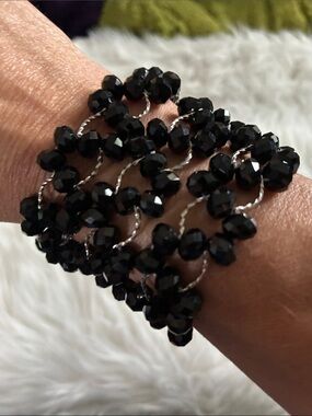 3 Jet black crystal Faceted Bead Coil Bracelet - Elegant Women's Jewelry